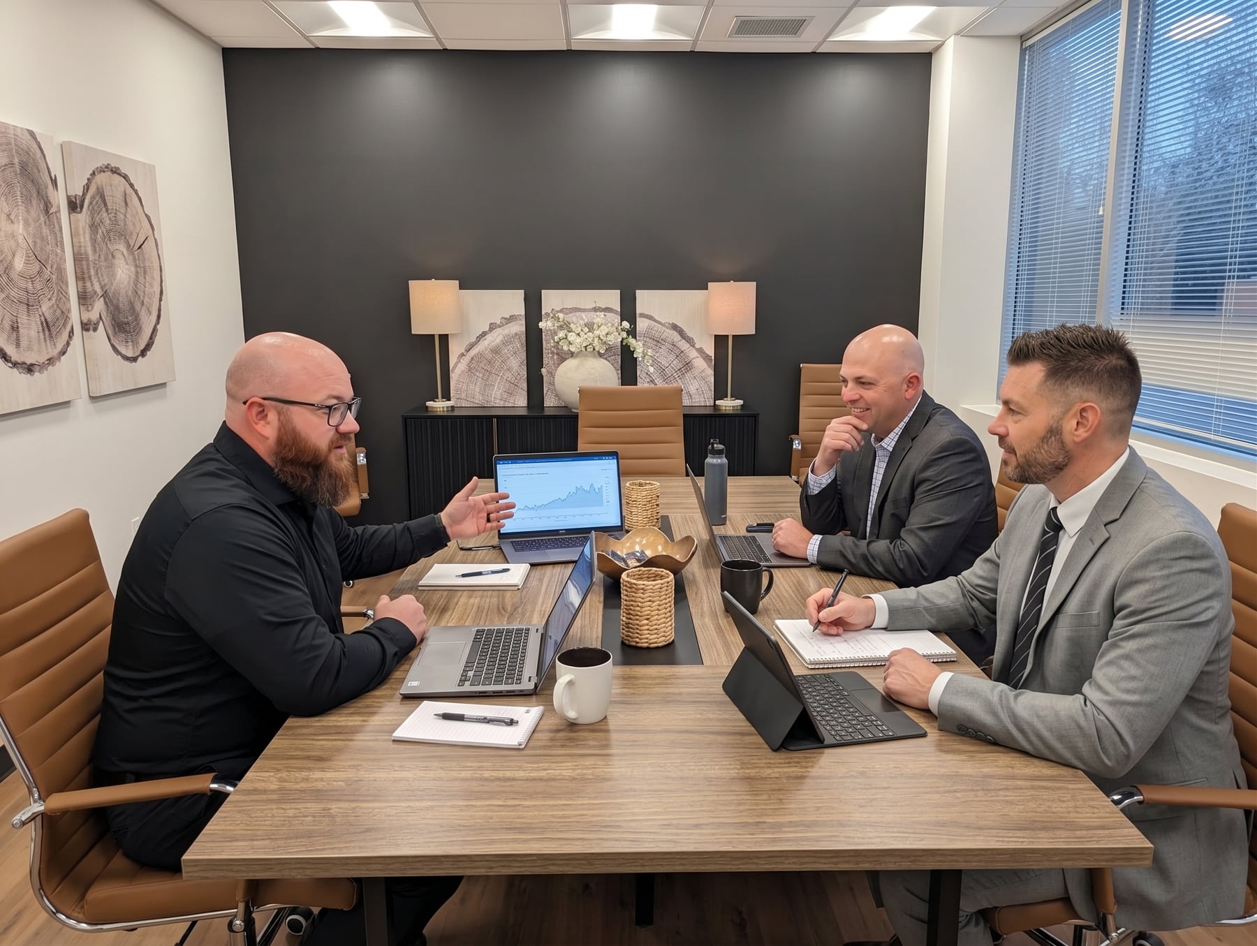 Colleagues reviewing market data together around a conference table