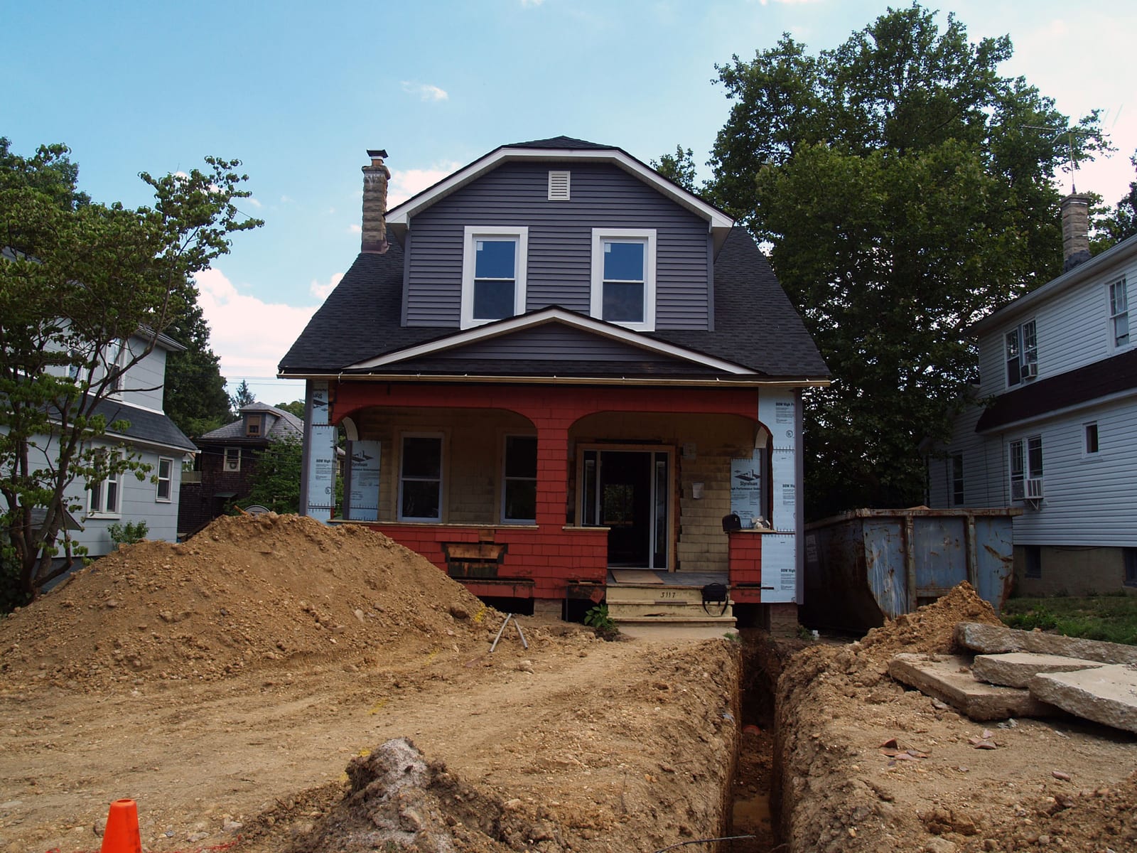 Excavation across the front yard during the renovation